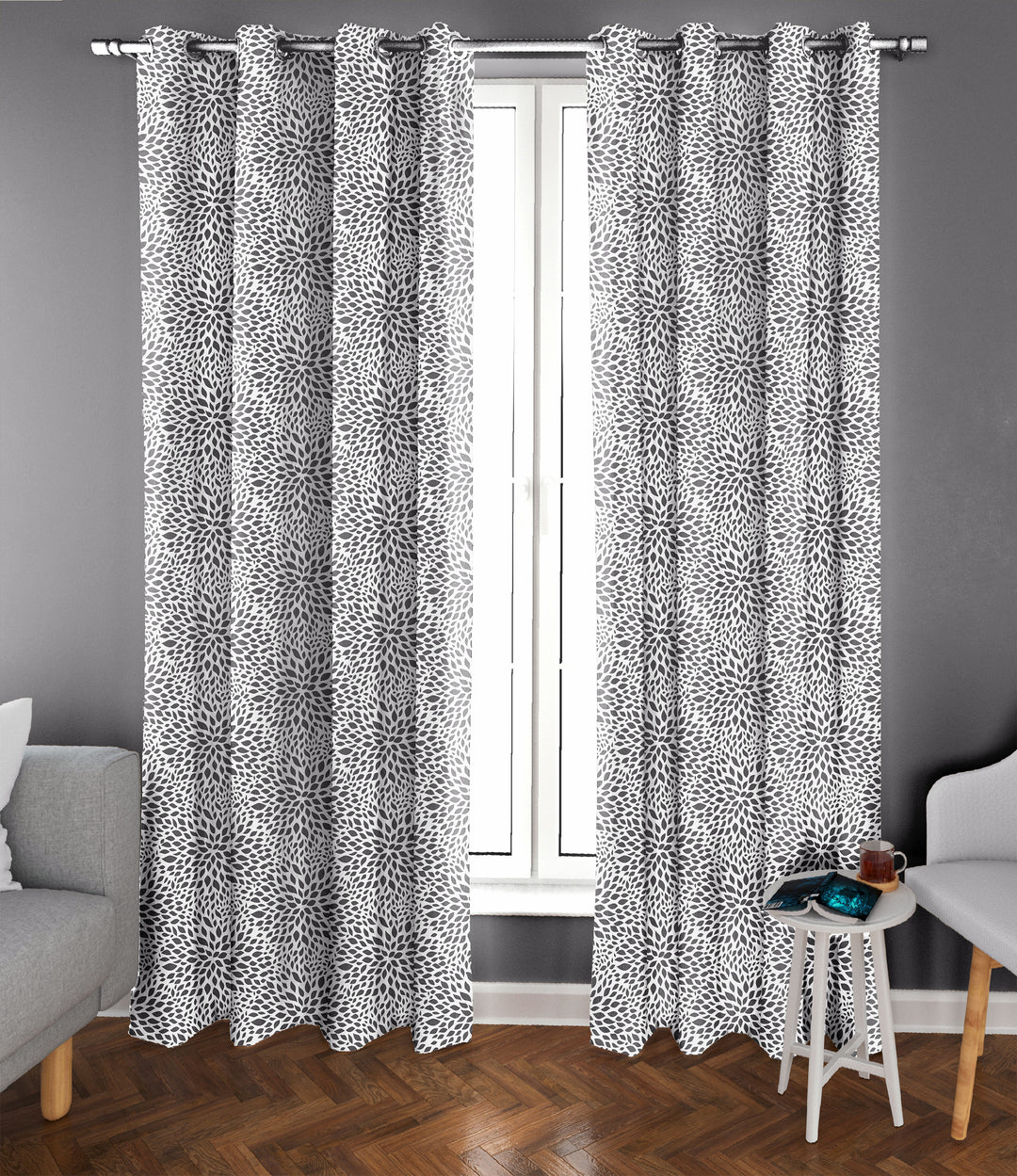 Ultimate Trends Premium Polyester Floral Pattern Digital Printed Curtain, Charcoal Grey Color, 1 Piece