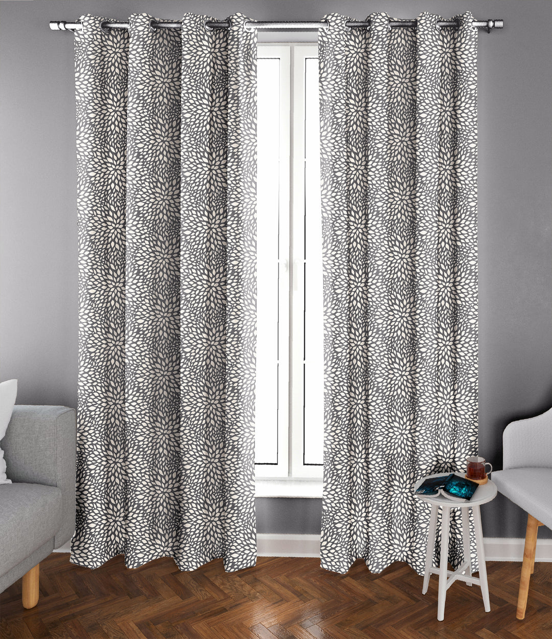 Ultimate Trends Premium Polyester Floral Pattern Digital Printed Curtain, Steel Grey Color, 1 Piece