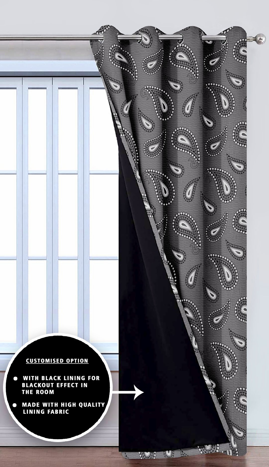 Ultimate Trends Premium Polyester Paisley Pattern Digital Printed Curtain, Black Color, 1 Piece