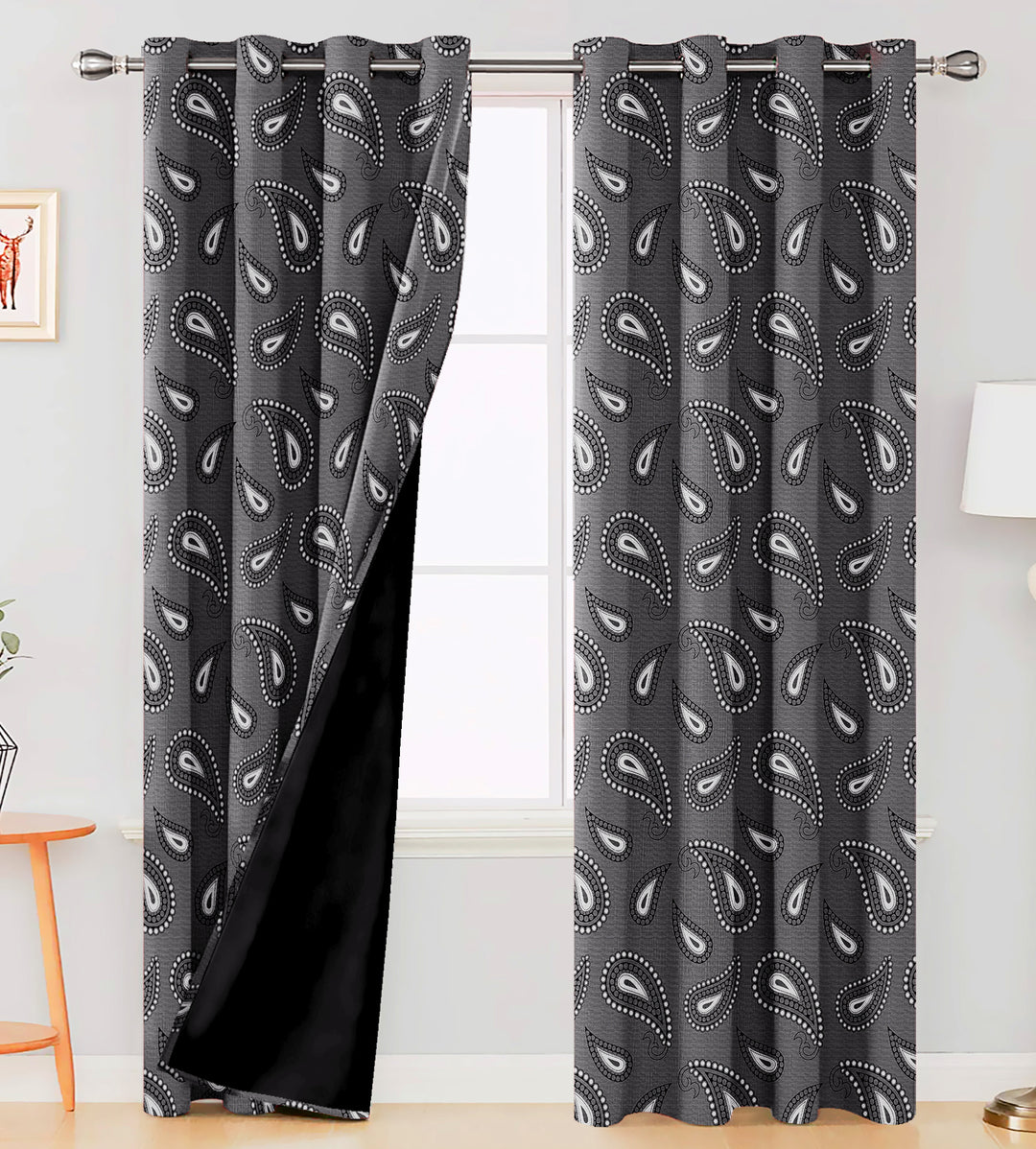 Ultimate Trends Premium Polyester Paisley Pattern Digital Printed Curtain, Black Color, 1 Piece