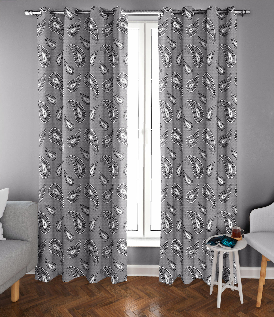 Ultimate Trends Premium Polyester Paisley Pattern Digital Printed Curtain, Charcoal Grey Color, 1 Piece