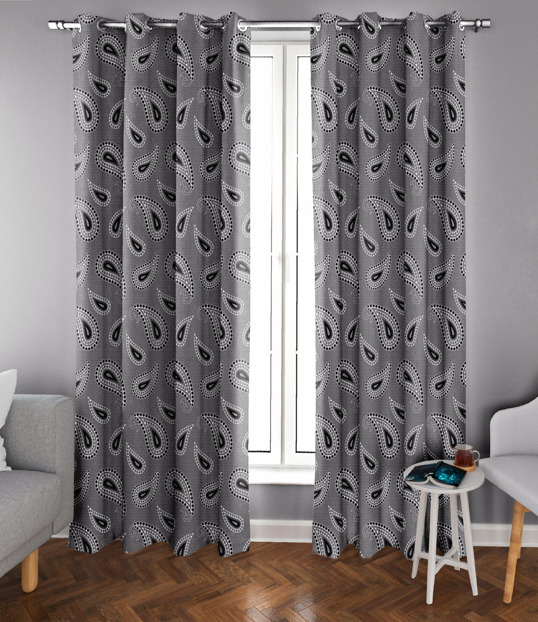 Ultimate Trends Premium Polyester Paisley Pattern Digital Printed Curtain, Grey Color, 1 Piece