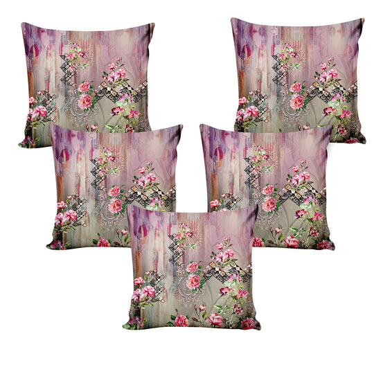 Ultimate Trends Floral Digital Printed Cushion Cover, 16 Inch X 16 Inch, Set of 5 - Multi Color