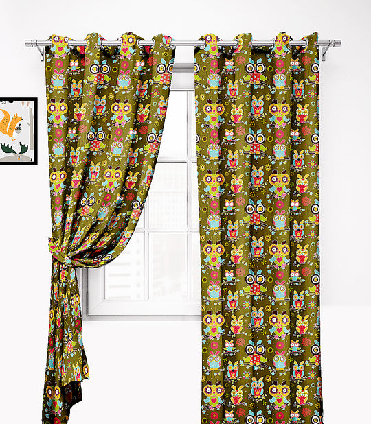 Ultimate Trends Premium Polyester Kids Room Curtain Olive Green Color, Funky Birds, 1 Piece