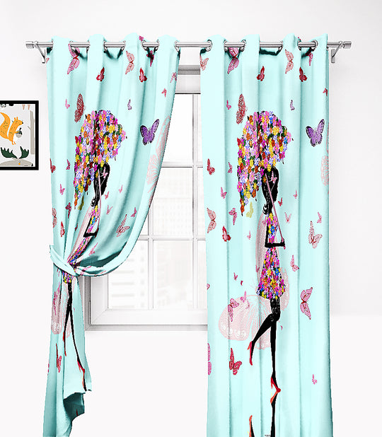 Ultimate Trends Premium Polyester Kids Room Curtain Arctic Blue Color, Girl With Flowers, 1 Piece