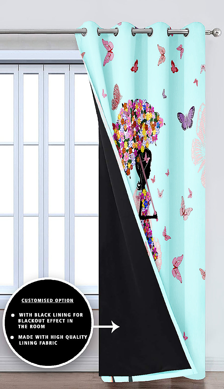 Ultimate Trends Premium Polyester Kids Room Curtain Arctic Blue Color, Girl With Flowers, 1 Piece