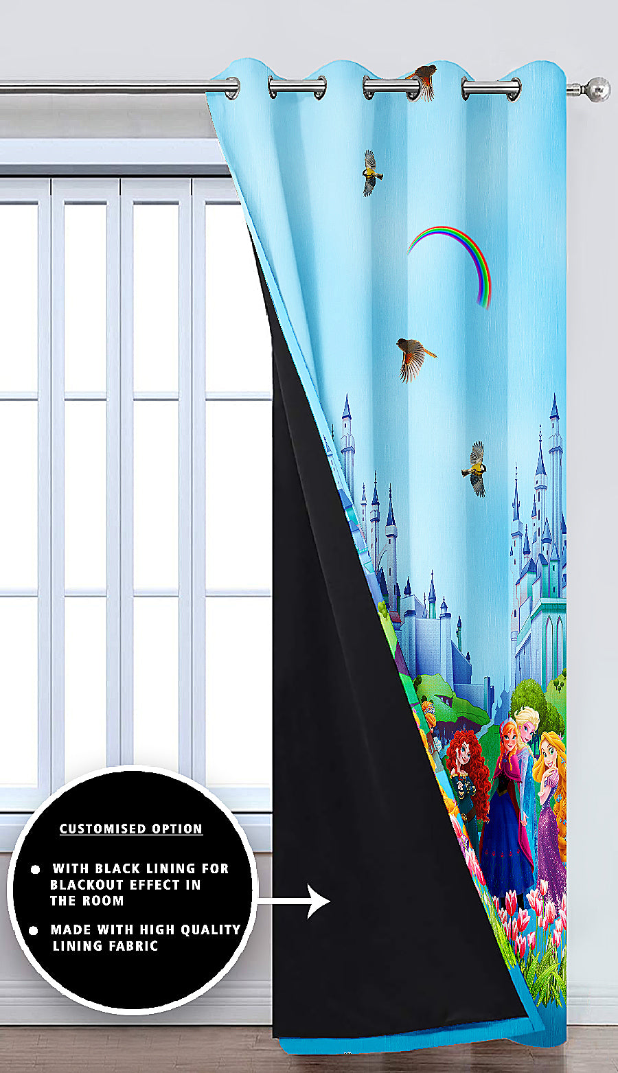 Ultimate Trends Premium Polyester 3D Cartoon Kids Room Curtain Sky Blue Color, Princess, 1 Piece