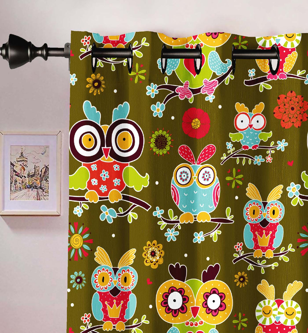 Ultimate Trends Premium Polyester Kids Room Curtain Olive Green Color, Funky Birds, 1 Piece