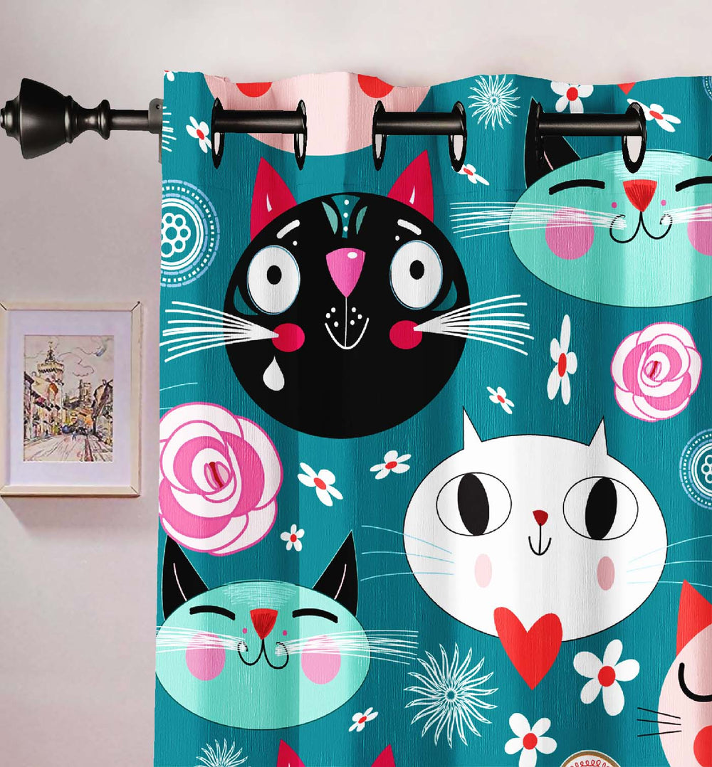 Ultimate Trends Premium Polyester Kids Room Curtain Teal Green Color, Funny Cats, 1 Piece