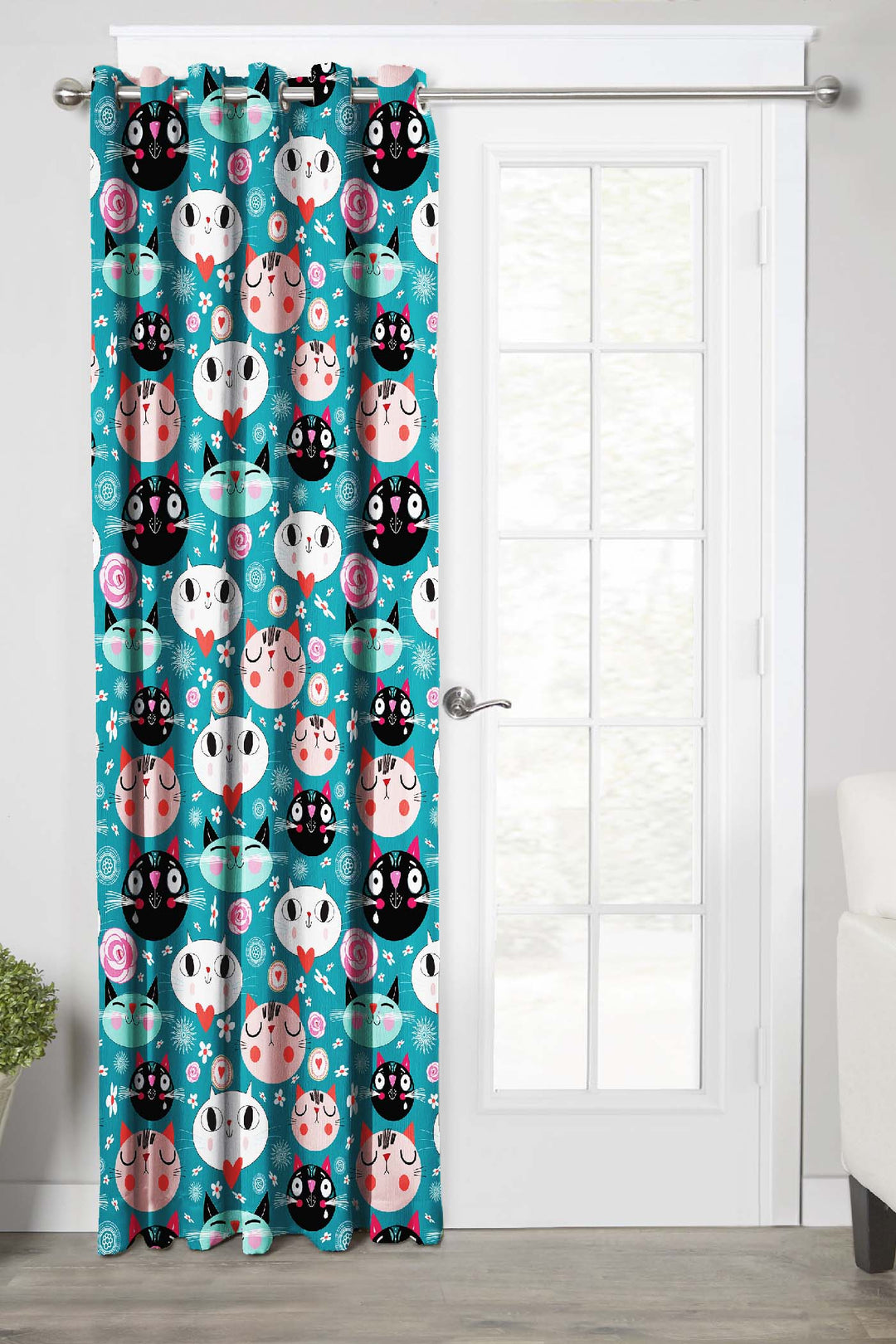 Ultimate Trends Premium Polyester Kids Room Curtain Teal Green Color, Funny Cats, 1 Piece