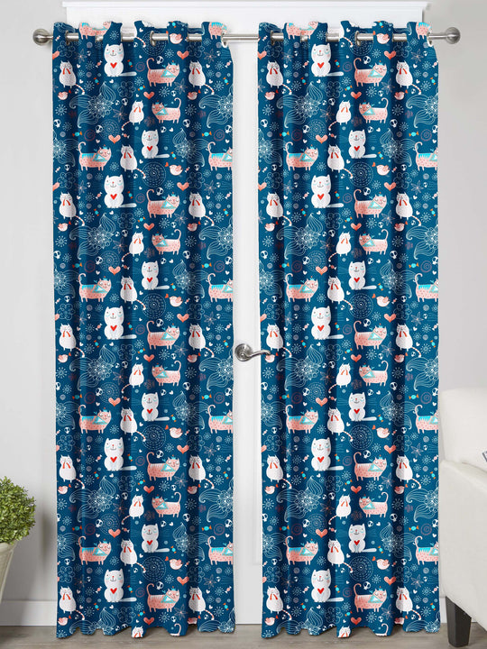 Ultimate Trends Premium Polyester Kids Room Curtain Pine Blue Color, Funny Cats, 1 Piece