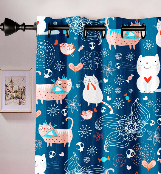 Ultimate Trends Premium Polyester Kids Room Curtain Pine Blue Color, Funny Cats, 1 Piece