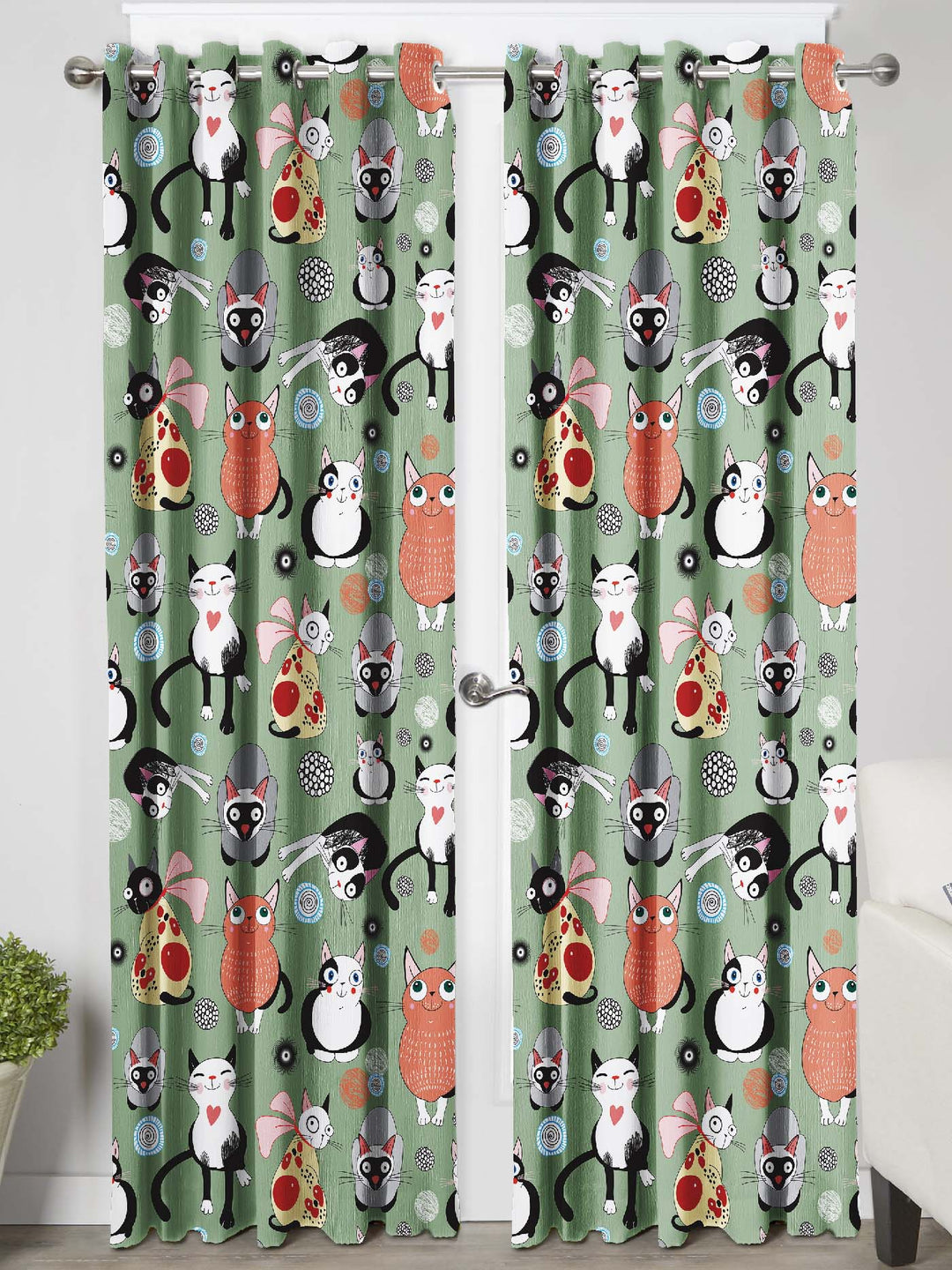 Ultimate Trends Premium Polyester Kids Room Curtain Sea Green Color, Funny Cats, 1 Piece