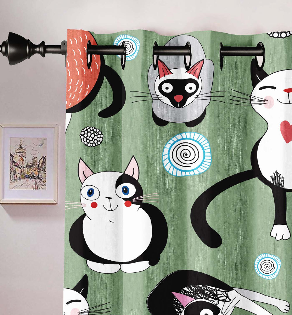 Ultimate Trends Premium Polyester Kids Room Curtain Sea Green Color, Funny Cats, 1 Piece