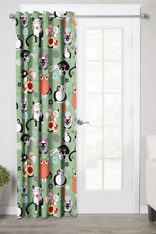 Ultimate Trends Premium Polyester Kids Room Curtain Sea Green Color, Funny Cats, 1 Piece