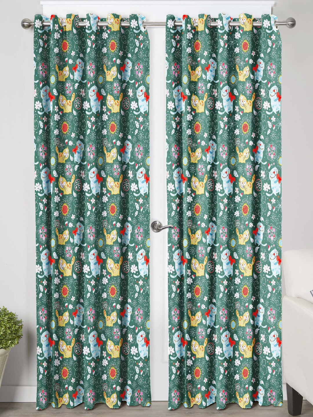 Ultimate Trends Premium Polyester Kids Room Curtain Pine Green Color, Funny Cats, 1 Piece