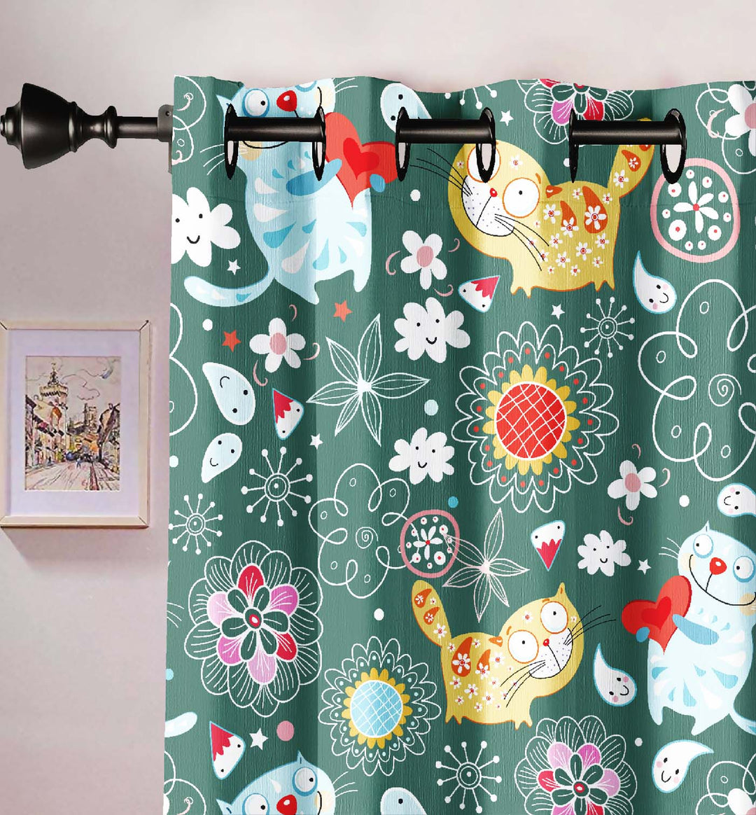 Ultimate Trends Premium Polyester Kids Room Curtain Pine Green Color, Funny Cats, 1 Piece