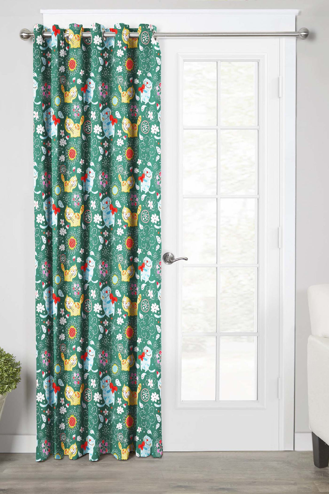 Ultimate Trends Premium Polyester Kids Room Curtain Pine Green Color, Funny Cats, 1 Piece