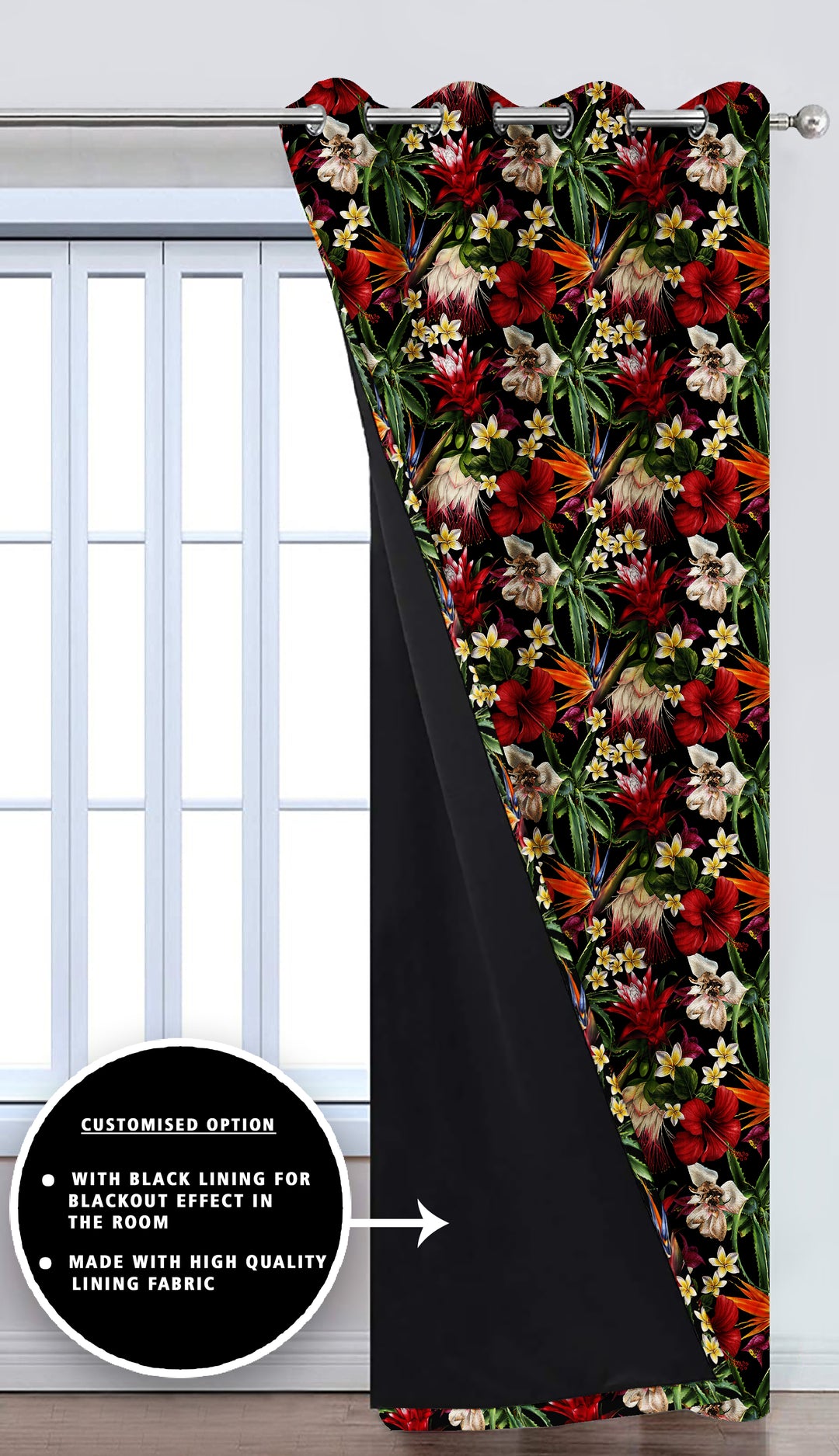 Ultimate Trends Premium Polyester Fancy Floral Curtain For Home Décor Black Color, 1 Piece