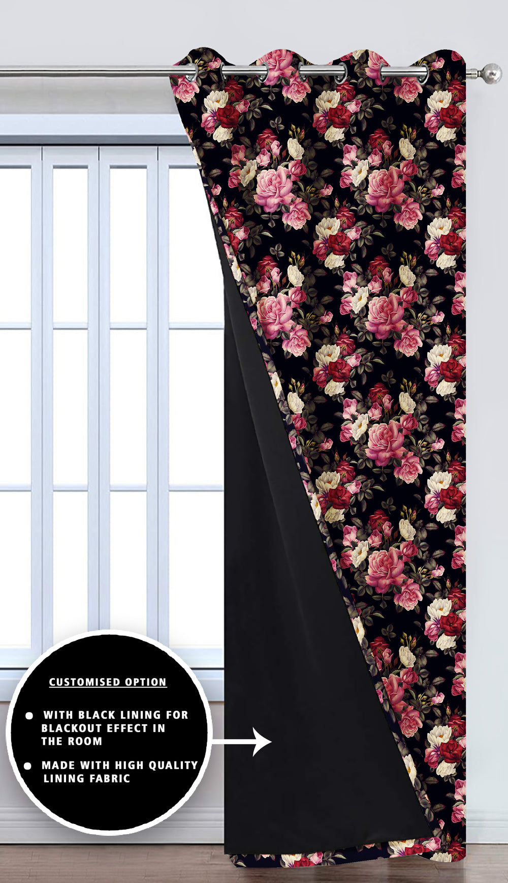 Ultimate Trends Premium Polyester Fancy Floral Curtain For Home Décor Pink and Black Color, 1 Piece