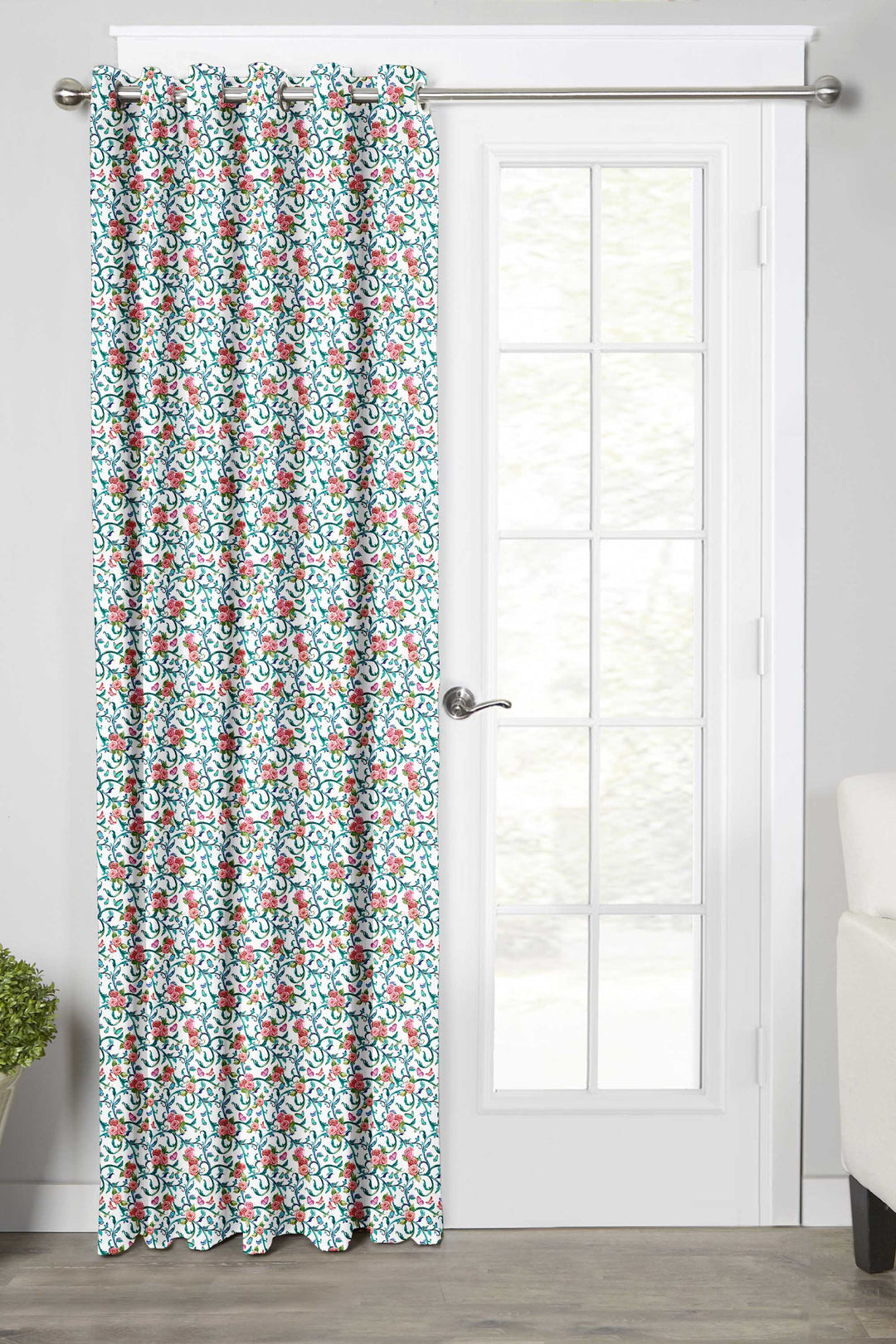 Ultimate Trends Premium Polyester Fancy Floral Curtain For Home Décor White and Sea Green Color, 1 Piece