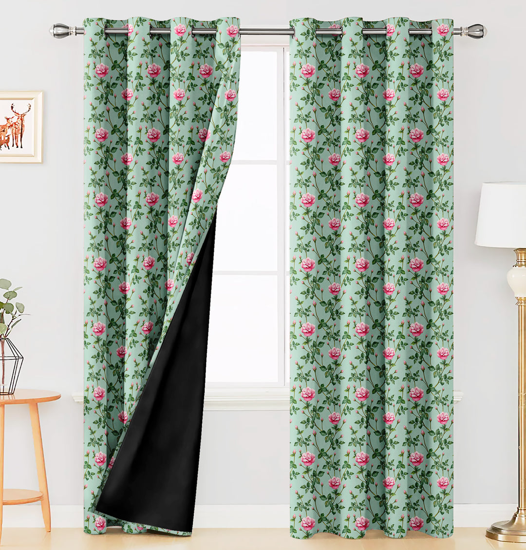 Ultimate Trends Premium Polyester Fancy Floral Curtain For Home Décor Green and Pink Color, 1 Piece