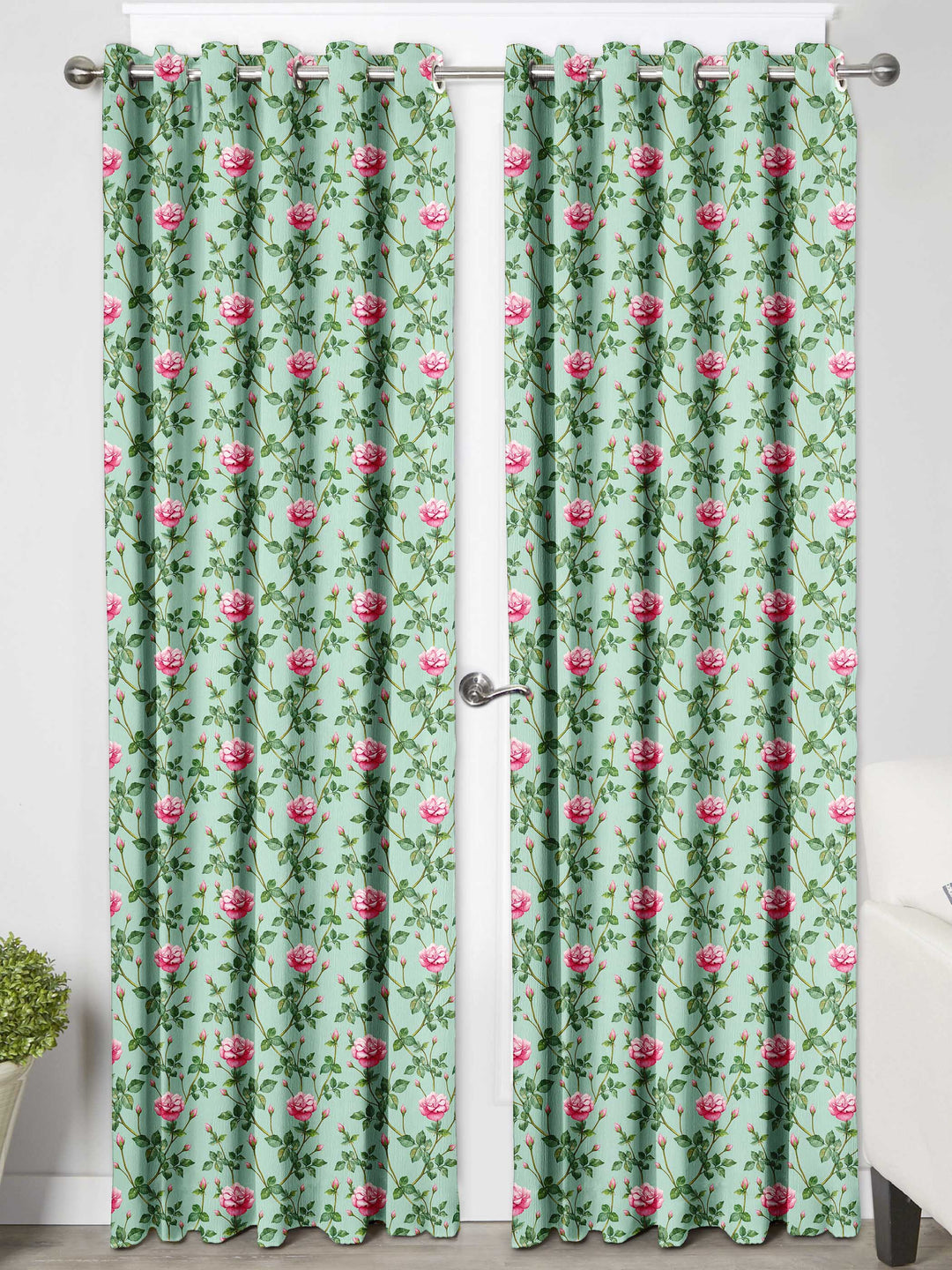 Ultimate Trends Premium Polyester Fancy Floral Curtain For Home Décor Green and Pink Color, 1 Piece