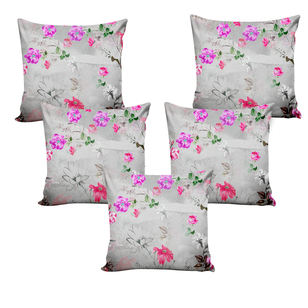 Ultimate Trends Fancy Floral Digital Printed Cushion Cover, 16 Inch X 16 Inch, Set of 5 - Multi Color