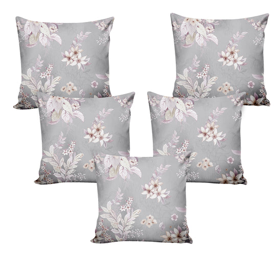 Ultimate Trends Fancy Floral Digital Printed Cushion Cover, 16 Inch X 16 Inch, Set of 5 -Grey Color