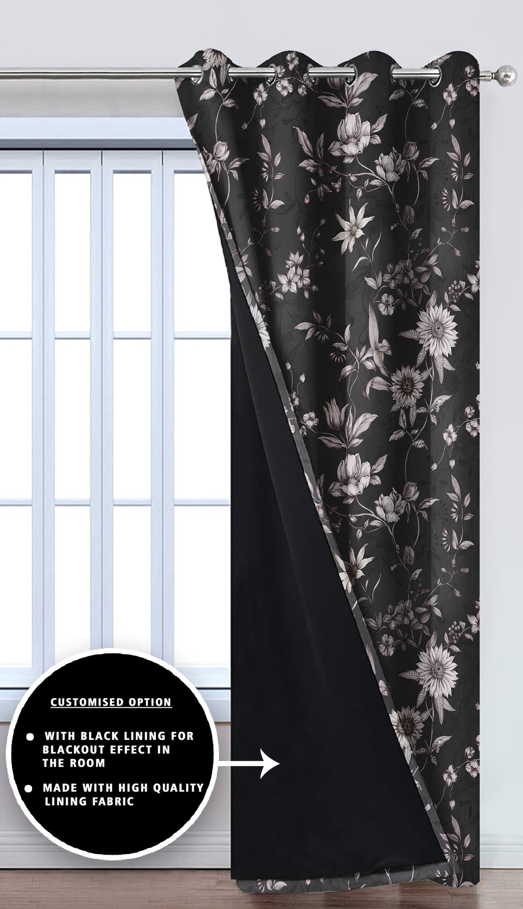 Ultimate Trends Premium Polyester Fancy Floral Curtain For Home Décor Black Color, 1 Piece