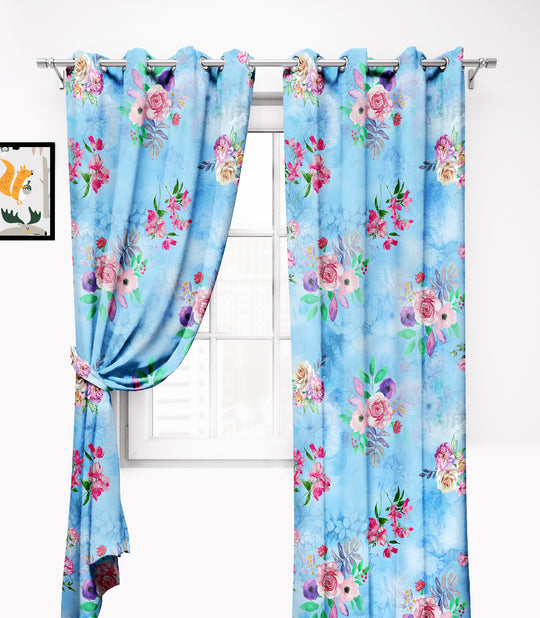 Ultimate Trends Premium Polyester Fancy Floral Curtain For Home Cyan Color, 1 Piece