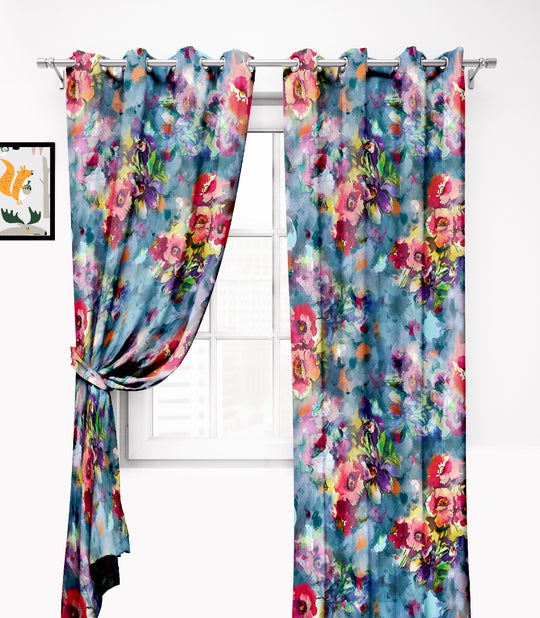 Ultimate Trends Premium Polyester Fancy Floral Curtain For Home Décor Steel Blue and Red Color, 1 Piece