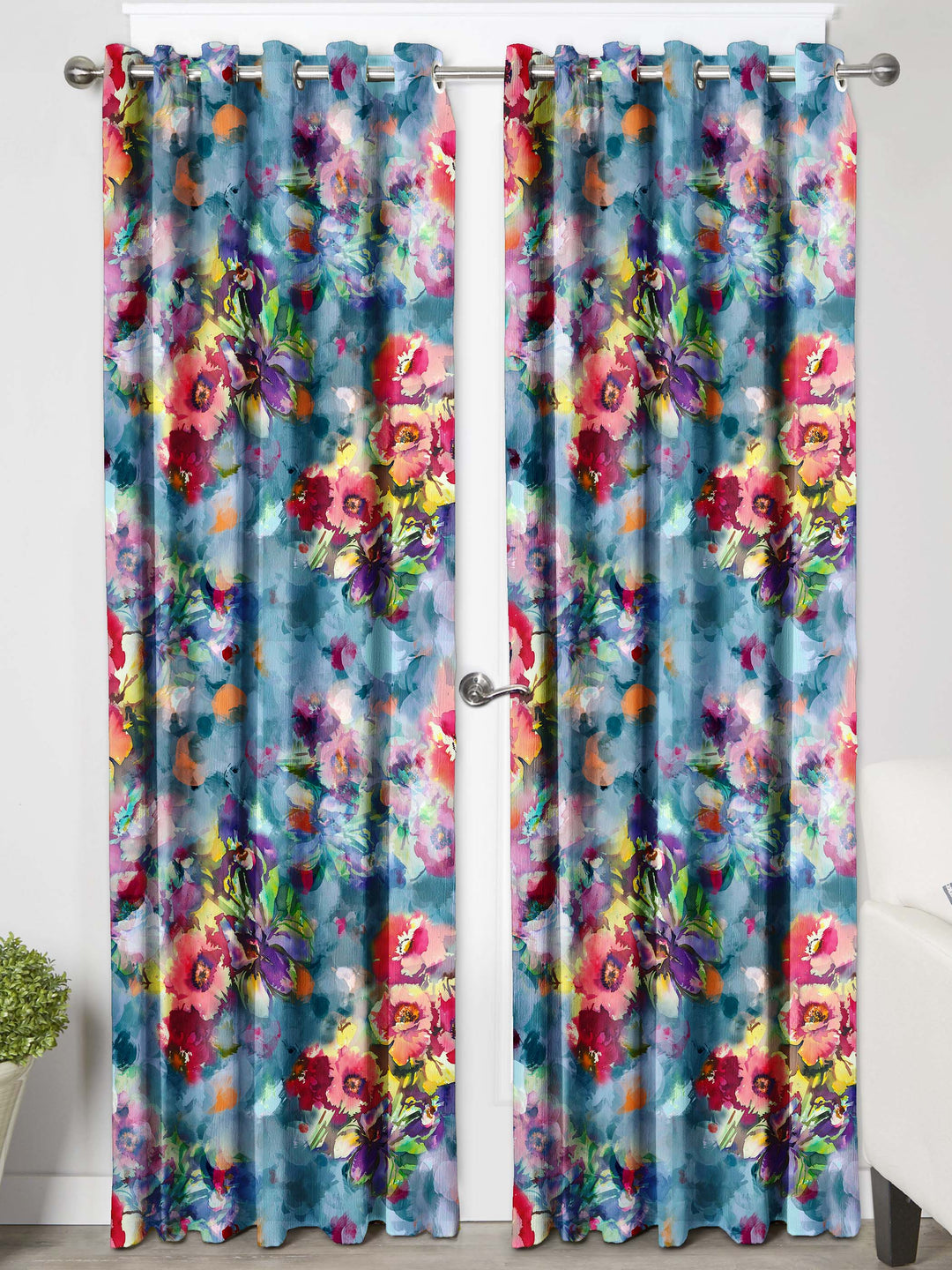 Ultimate Trends Premium Polyester Fancy Floral Curtain For Home Décor Steel Blue and Red Color, 1 Piece