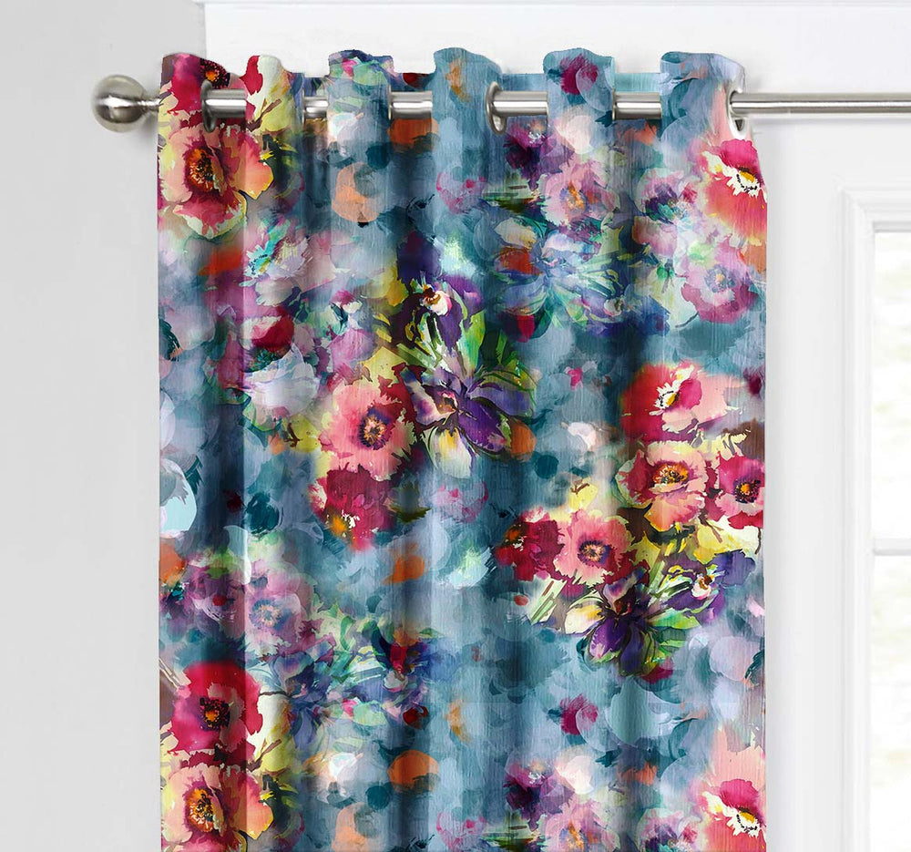 Ultimate Trends Premium Polyester Fancy Floral Curtain For Home Décor Steel Blue and Red Color, 1 Piece