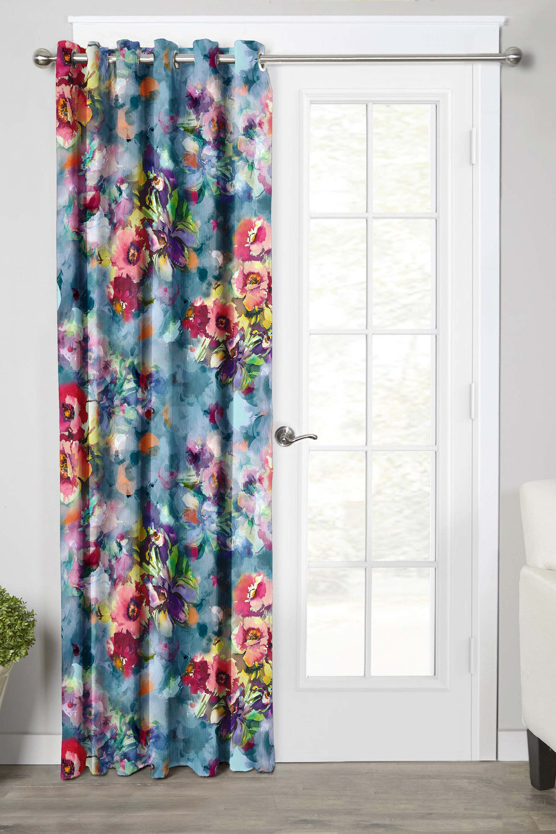 Ultimate Trends Premium Polyester Fancy Floral Curtain For Home Décor Steel Blue and Red Color, 1 Piece