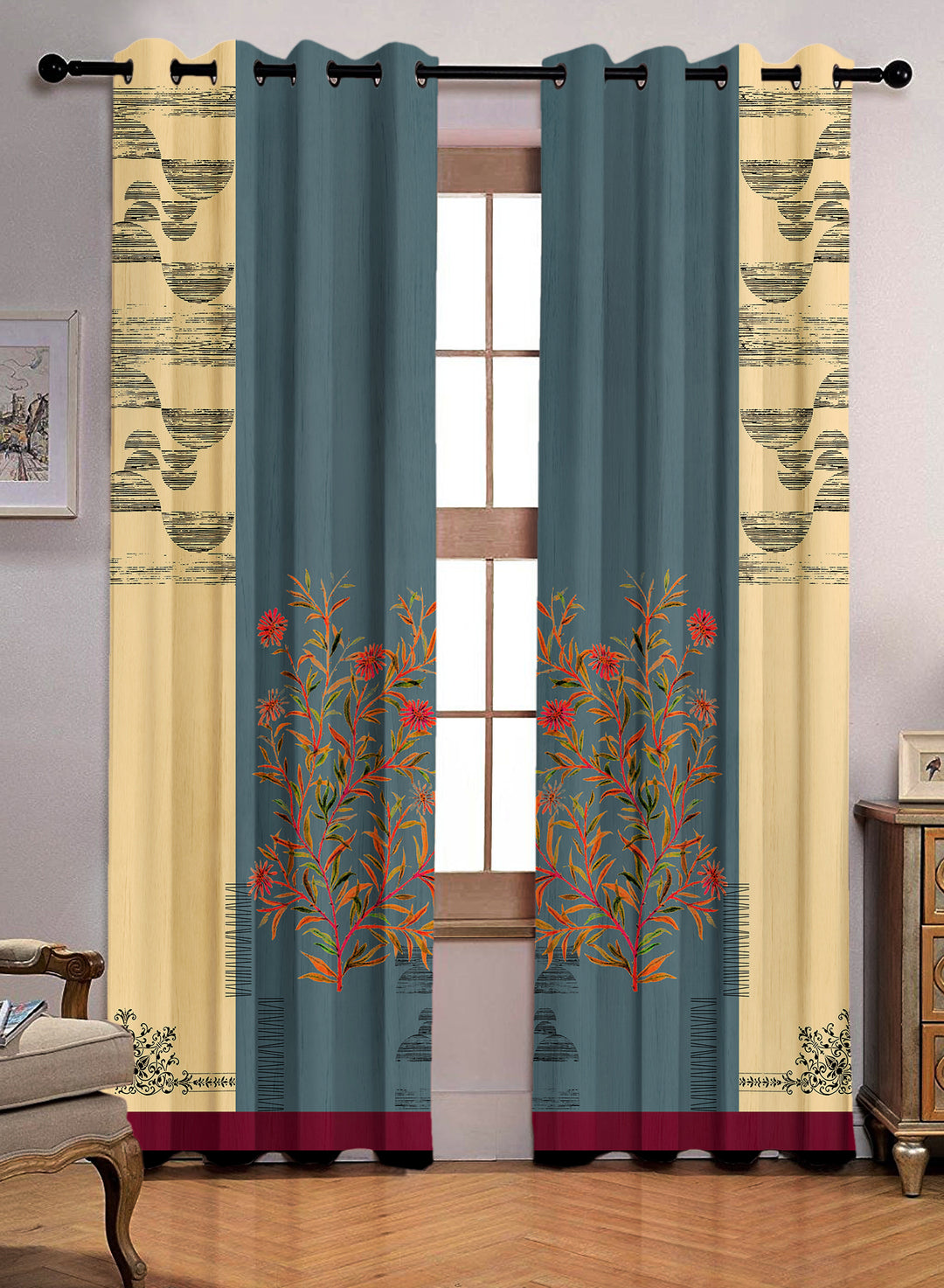 Ultimate Trends Premium Polyester Modern Curtain For Home Décor Teal Blue and Mustered Yellow color, 1 Piece