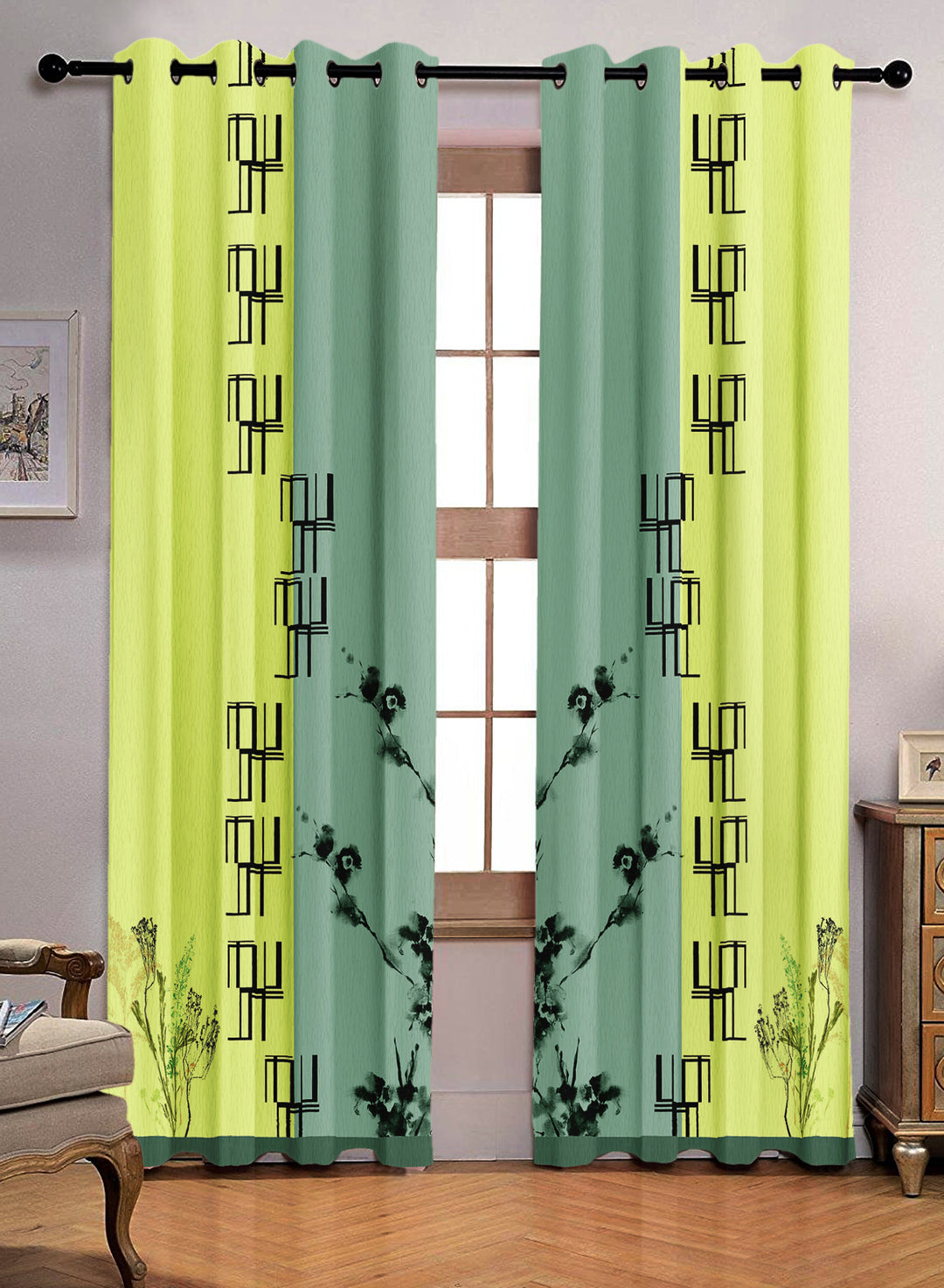 Ultimate Trends Premium Polyester Modern Curtain For Home Décor Fern Green and Yellow color, 1 Piece