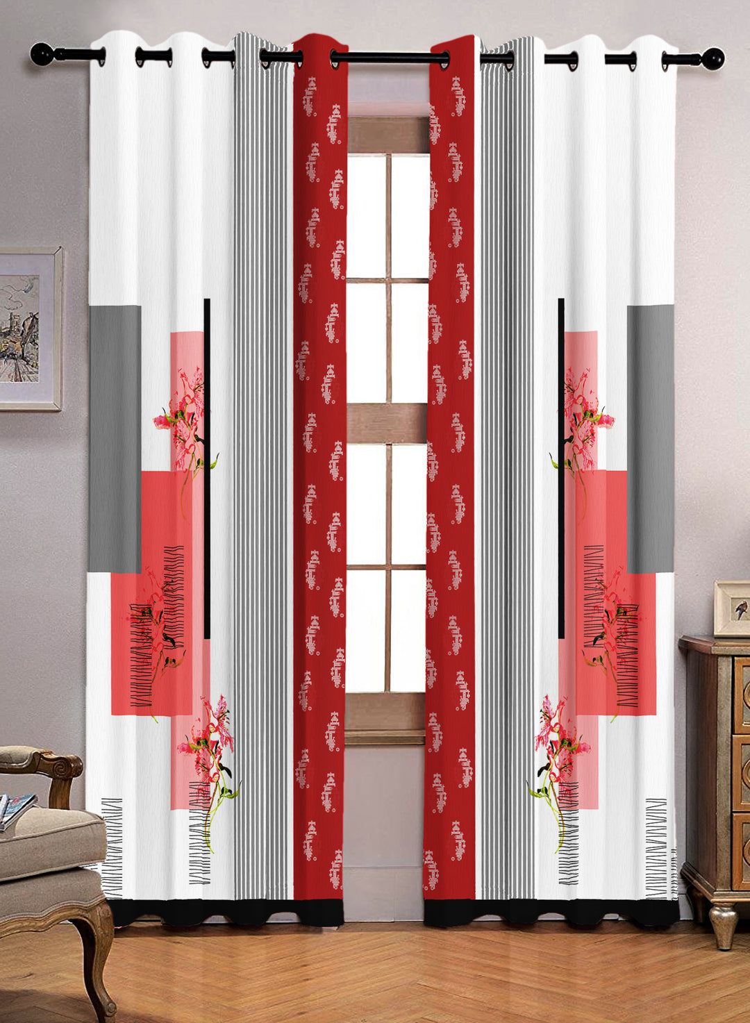 Ultimate Trends Premium Polyester Modern Curtain For Home Décor White and Red color, 1 Piece